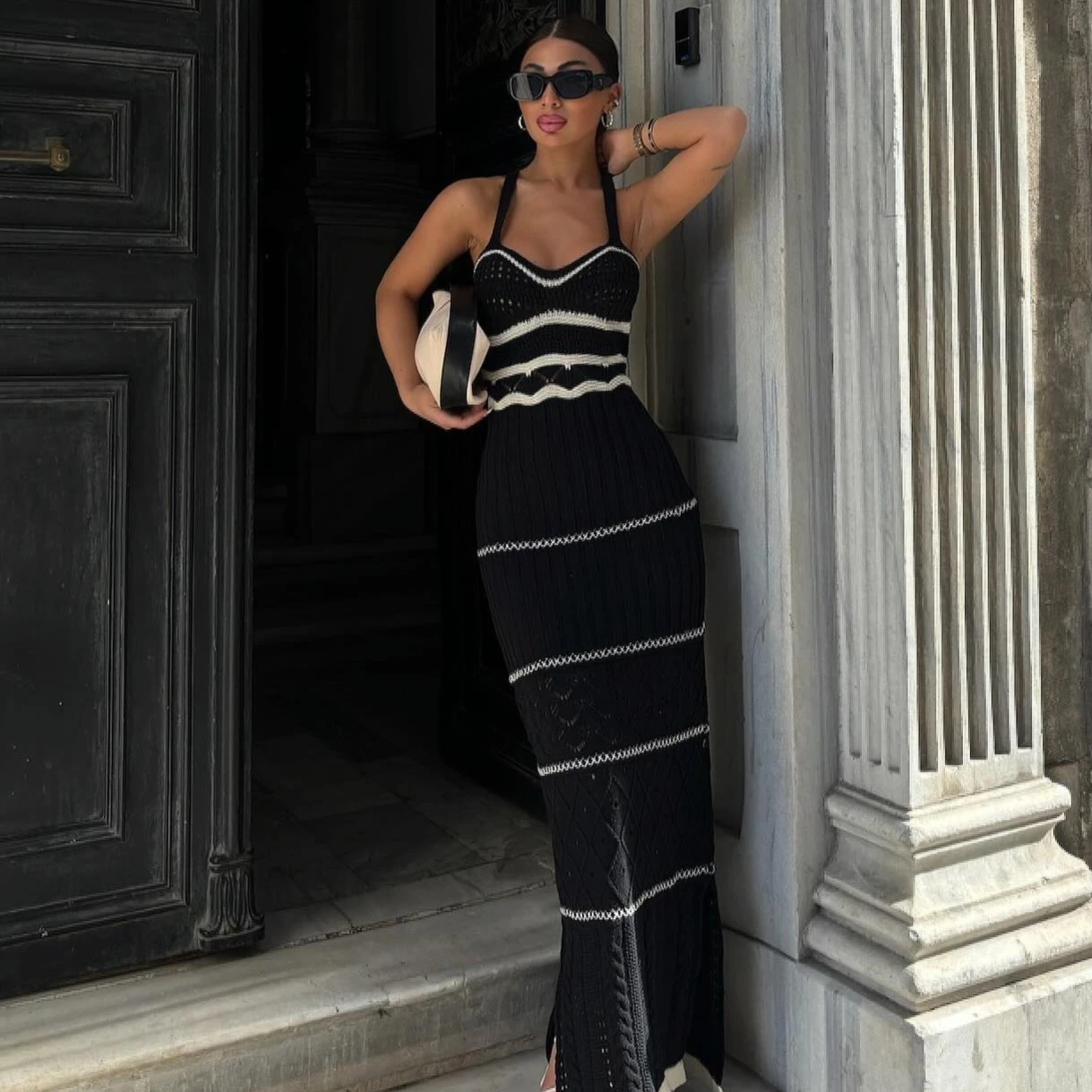 Abiti lunghi bohémien aderenti con cinturino senza maniche per donna Abito estivo da vacanza in maglia elastica Boho Beach Party a righe scavate