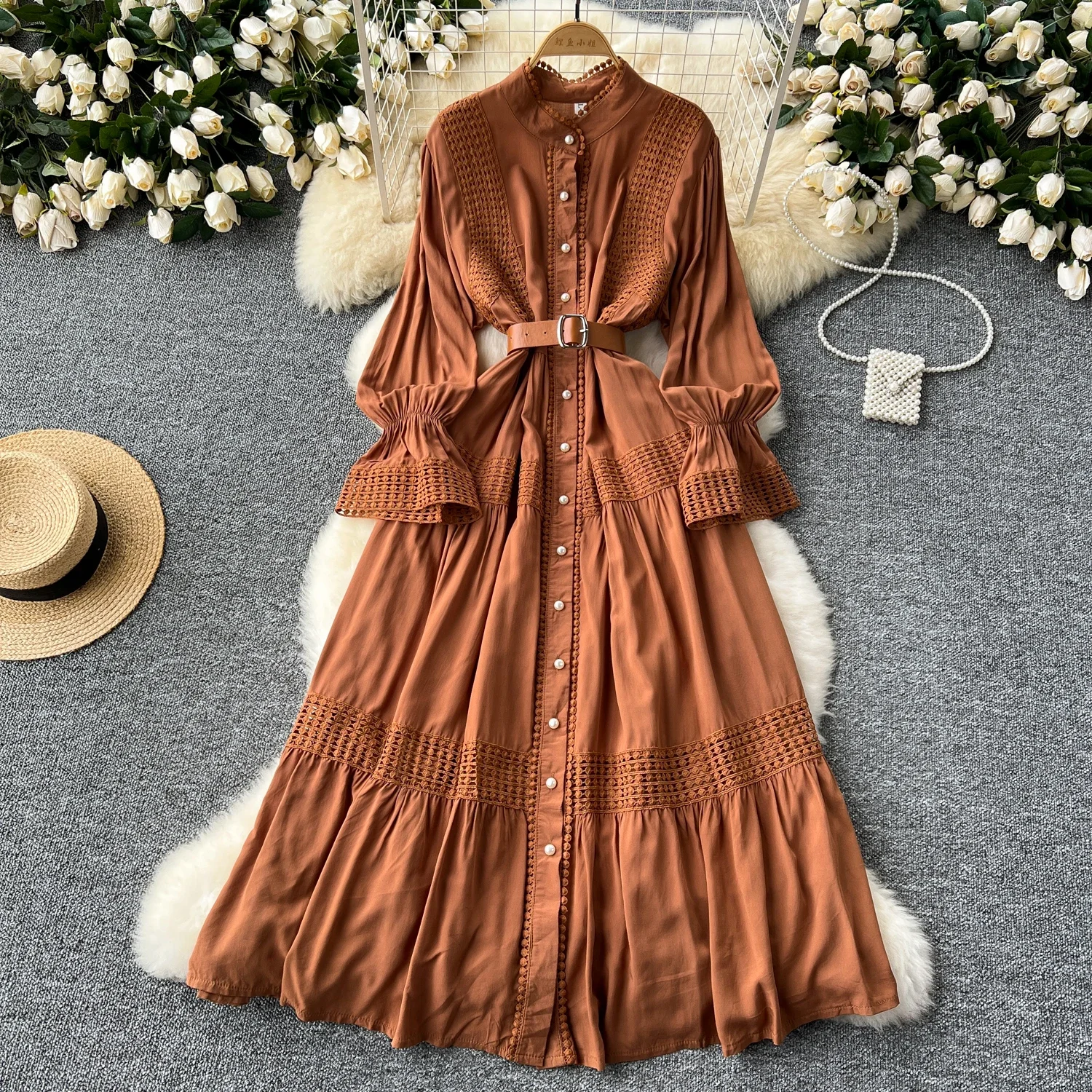 Retro Elegant Summer Stand Collar Flare Sleeve Single Breasted