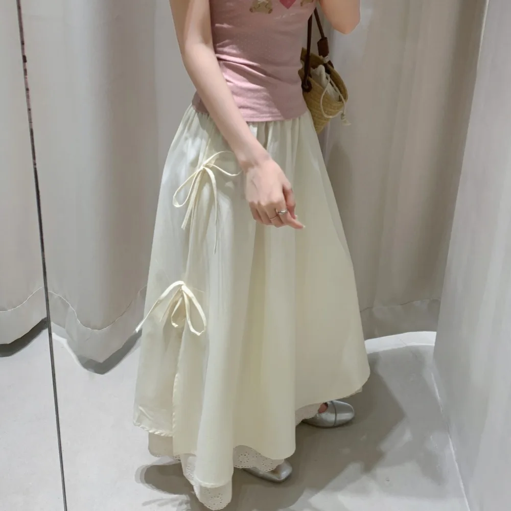 Mori Girl Style Vintage Blue Lace Bow Tweed Maxi Skirt Fall Summer Fashion Simple High Waist A-line Ruffles Long Skirt for Women