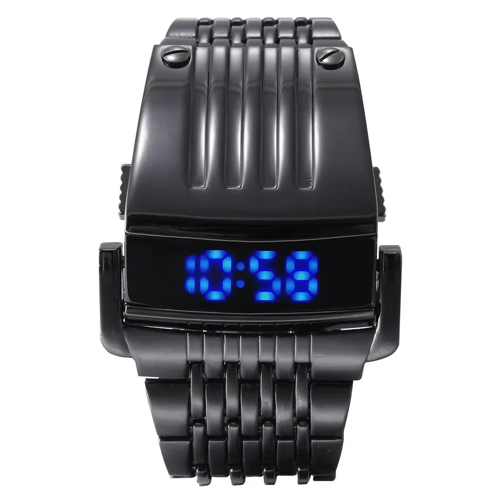 Fashion Electronic Watch Blue LED Display Wide Stainless Steel Band Men Digital Wrist Watch Gift