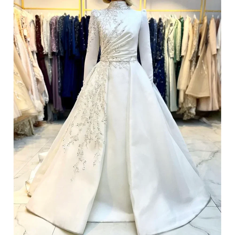 Gaun pengantin applique berpayet manik-manik Fashion gaun pengantin lengan panjang kerah tinggi cantik putih gaun A-Line Satin lipat