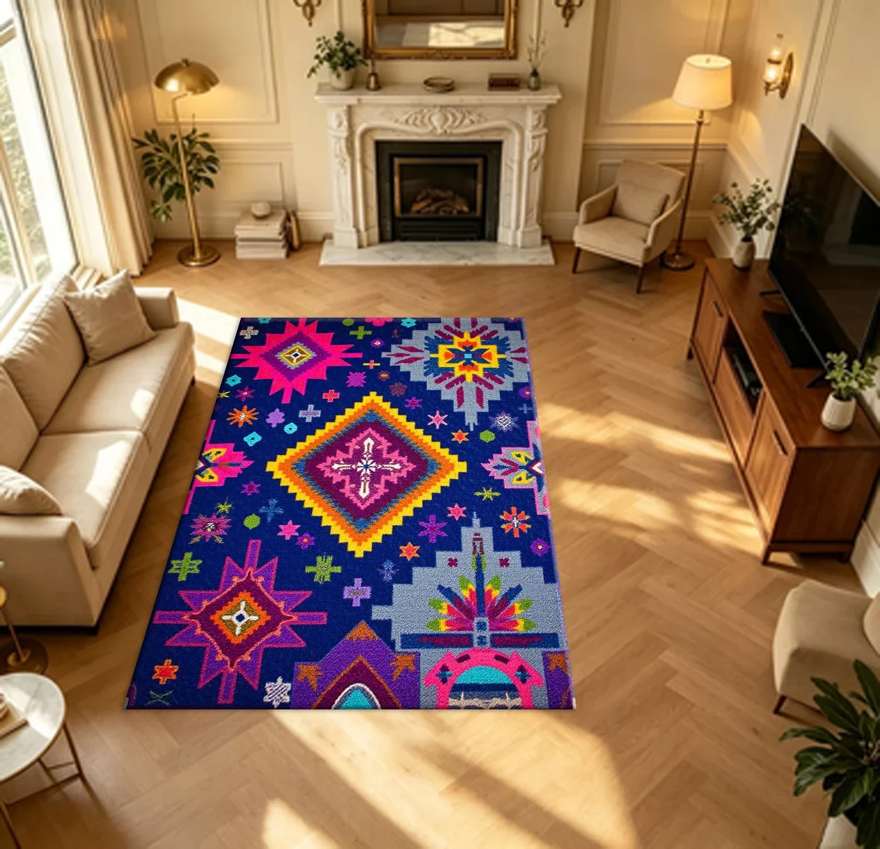 Bohemian Ethnic Tribal Geometric Star Diamond Carpet Flooring Bright Multicolor Retro Folk Style Household Living Room Area Rug