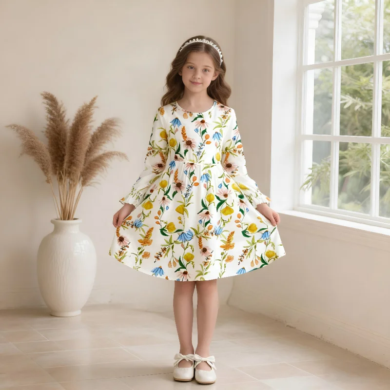 

2025 Hot Sale! Girls' Long-sleeved Dress with Floral Print and Bright Patterns