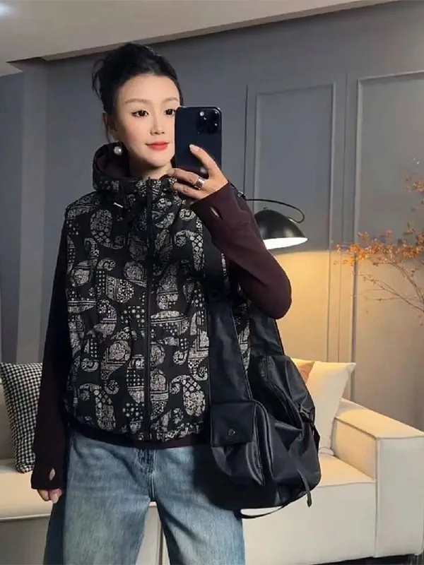 

Warm Cotton Jaet Women's Vest Autumn Winter Hooded Versatile Faionable Commute Sle Zipper Closure Regular Length