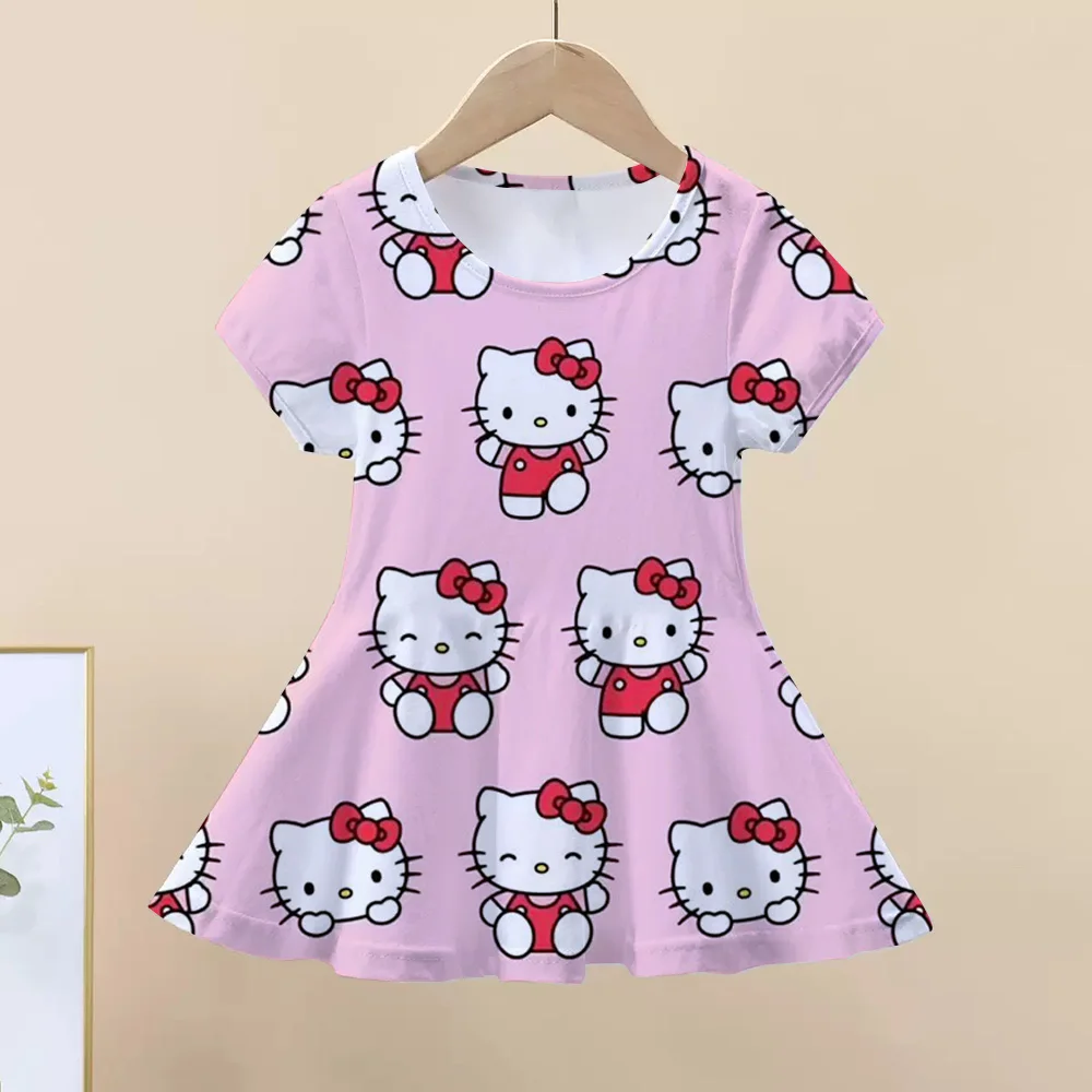 

MINISO New Summer Girls Dress Fashion Cartoon Cute Cinnamoroll &Hello Kitty 3D Printing Dress Kid Short Sleeve Princess Clothing