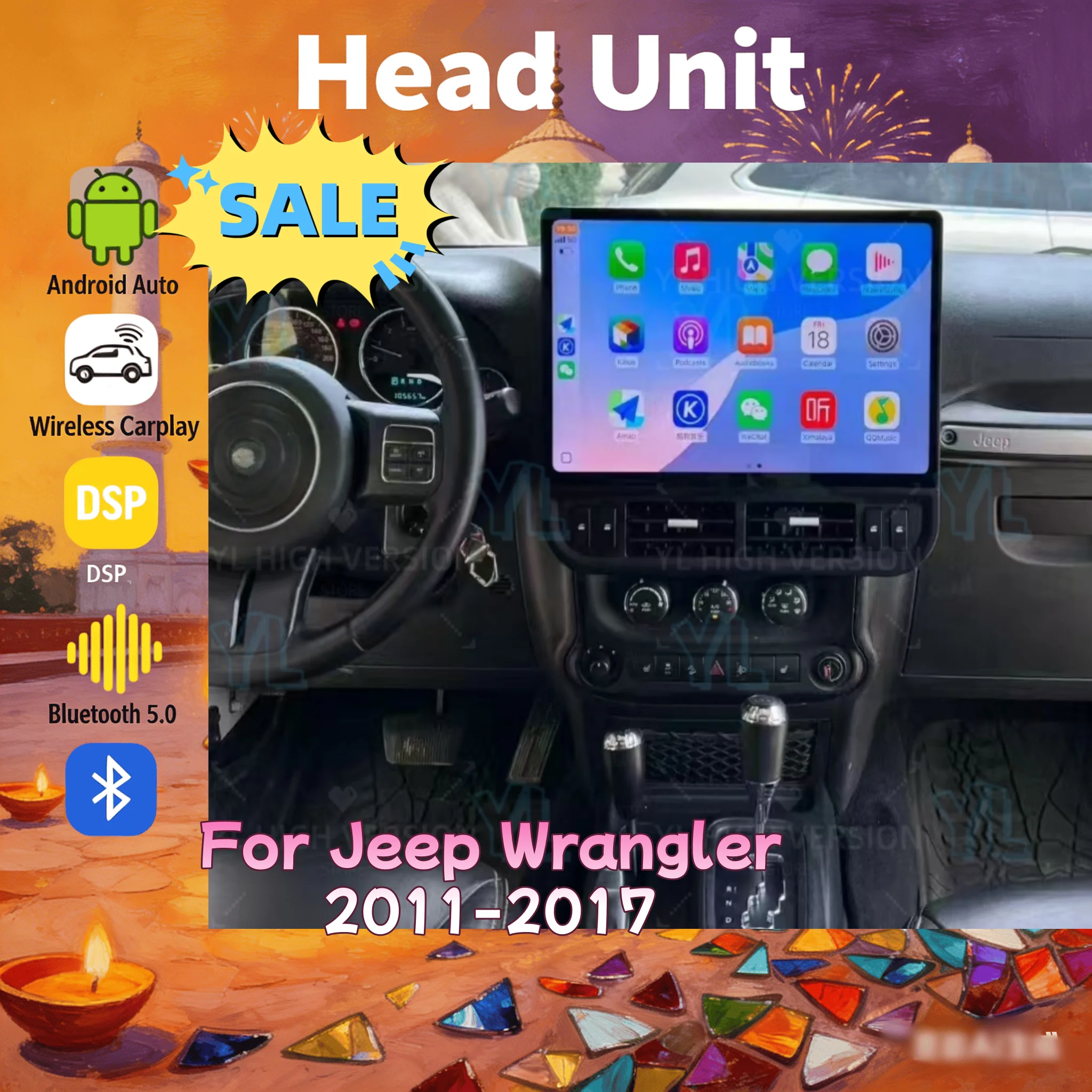 

16,8-дюймовый автомобильный радиоприемник с сенсорным экраном на Android 13 для Jeep Wrangler 2011-2017, мультимедийный видеоплеер, стереосистема, GPS, CarPlay, DSP, головное устройство