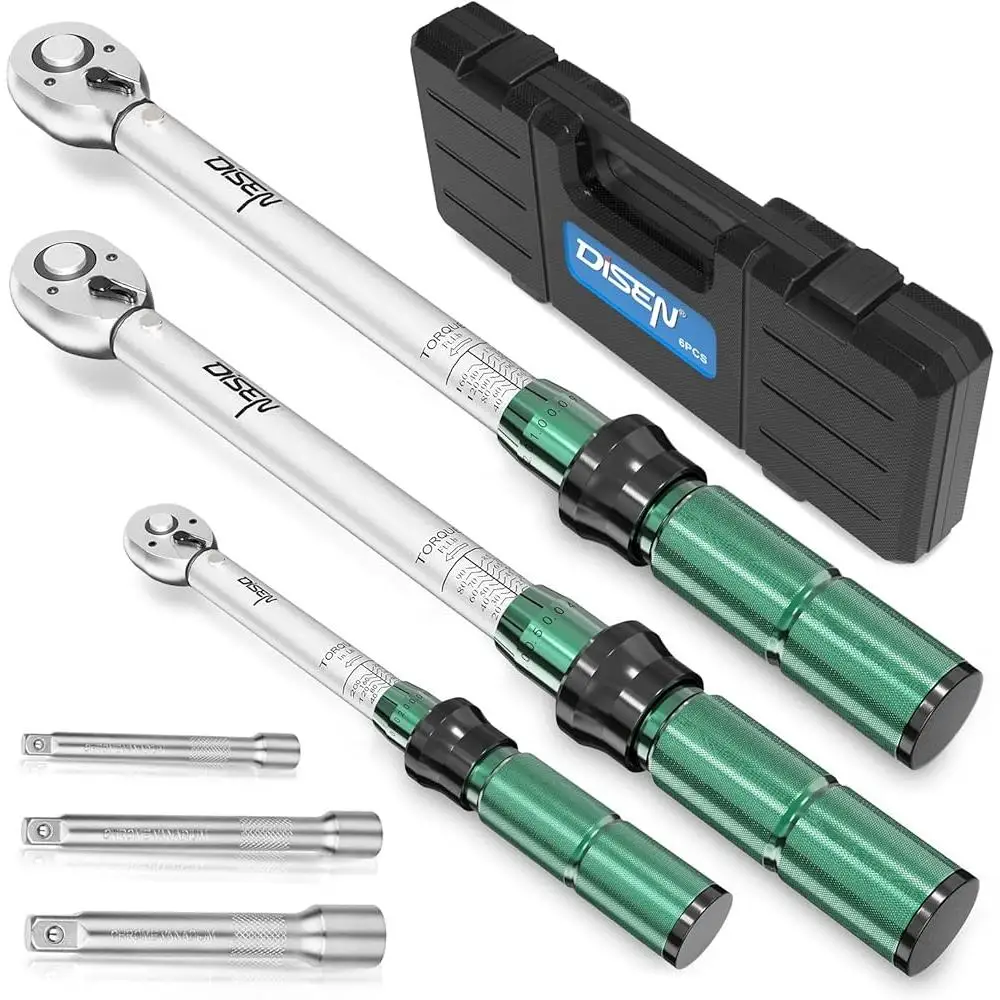 Click Torque Wrench Set 6 PCS 1/4 3/8 1/2 inch Drive 20-220 In lb 15-90 Ft lb 30-170 Ft lb with Extension Bar