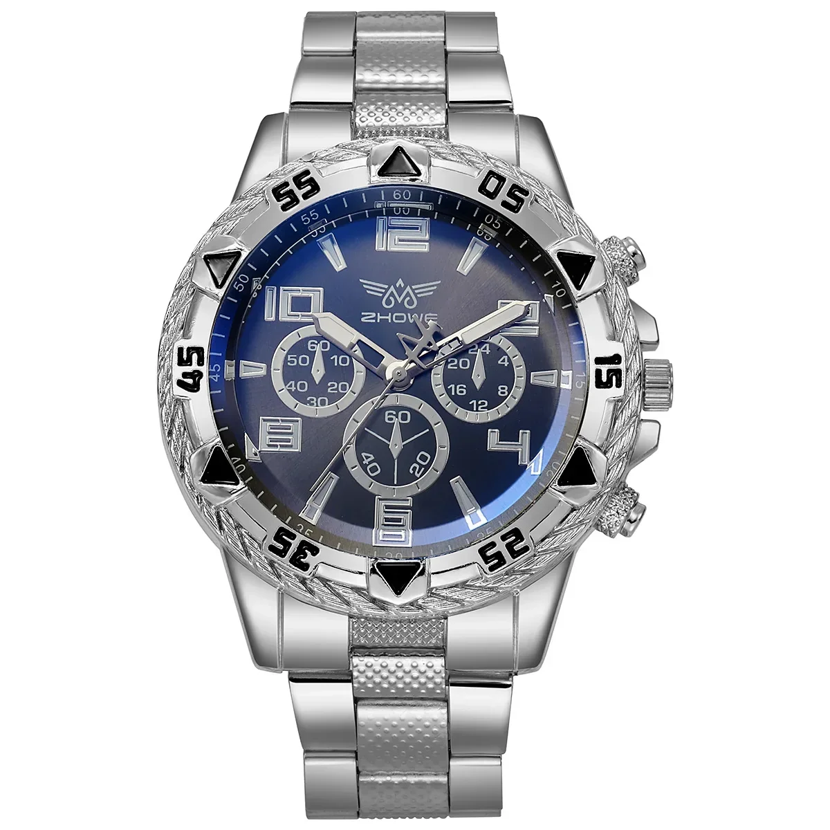 New Business Leisure Fashion Large Dial Alloy Steel Strip Blue Light Three Eye Men\'s Quartz Watch