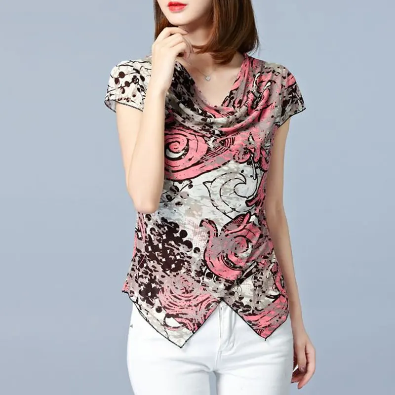 Female Clothing Stylish Asymmetrical T-shirt Casual Slim Summer Commute Vintage Printed Elegant V-Neck Short Sleeve Pullovers