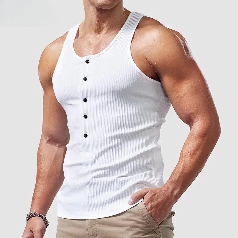 

Luxury Men Knitted Textured Button Skinny Tank Tops High Quality O-neck Elasticity Gym Vest Sleeveless Tops T-shirt Mens Tees