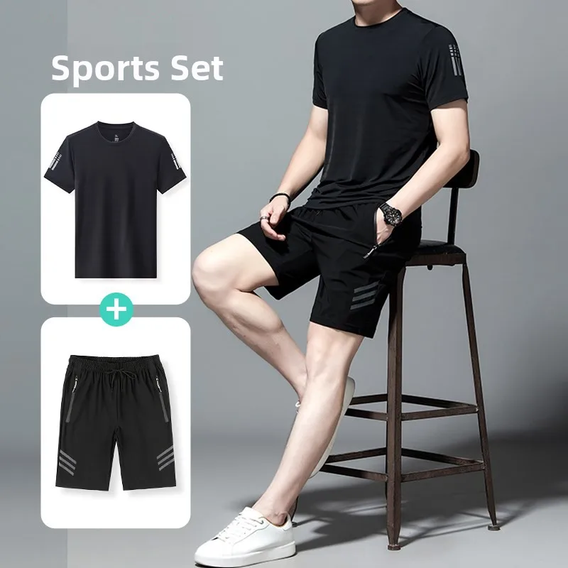 

Мужской спортивный костюм из ледяного шелка: свободная футболка с коротким рукавом и быстросохнущие шорты для бега и фитнеса, летний повседневный комплект из двух предметов, новинка