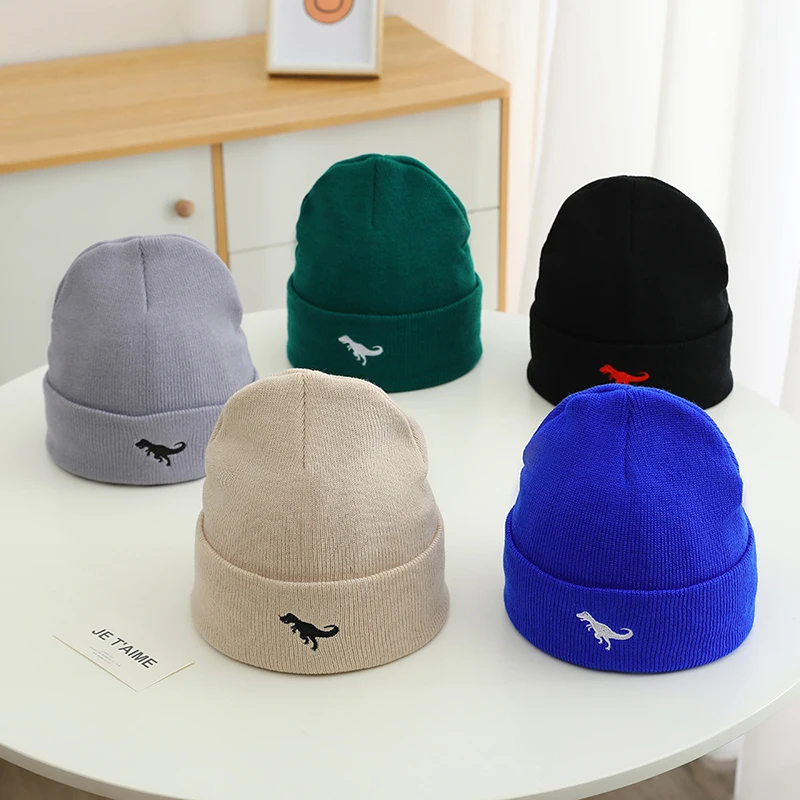 

2024 Autumn Winter Casual Knitted Embroidery Cartoon Dinosaurs Children Outdoor Kids Caps Sports Warm Hats Baby Boys
