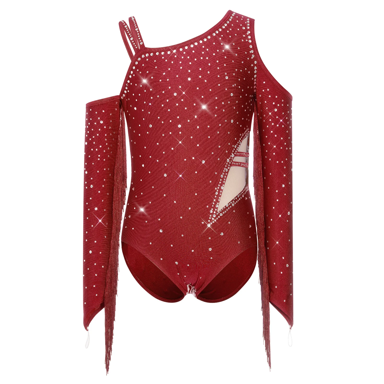 Children Girls Rhinestone Tassel Long Sleeve Cutout Figure Skating Gymnastics Ballet Acrobatics Latin Dance Cha-cha T Leotard