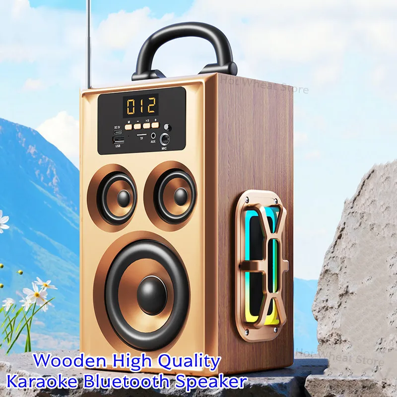 خشبية عالية الجودة كاريوكي سمّاعات بلوتوث في الهواء الطلق المحمولة HIFI مضخم صوت ستيريو RGB ضوء جهاز عرض المسرح المنزلي مع 2 هيئة التصنيع العسكري