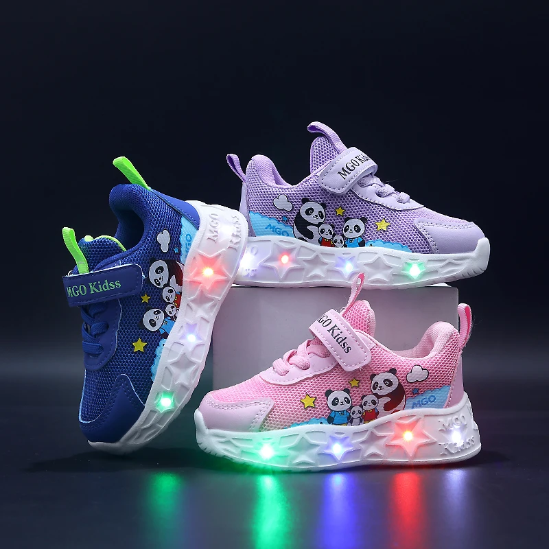Mgo Kidss Panda Children's Light-Up Sneakers for Boys and Girls, Breathable Light-Up Running Shoes for Toddlers, Baby Casual Light-Up Shoes, Panda Non-Slip Velcro Children's Light-Up Running Shoes