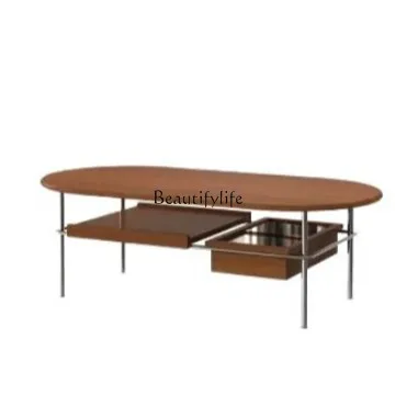 

Coffee table Nordic living room solid wood retro stainless steel simple oval Japanese coffee table