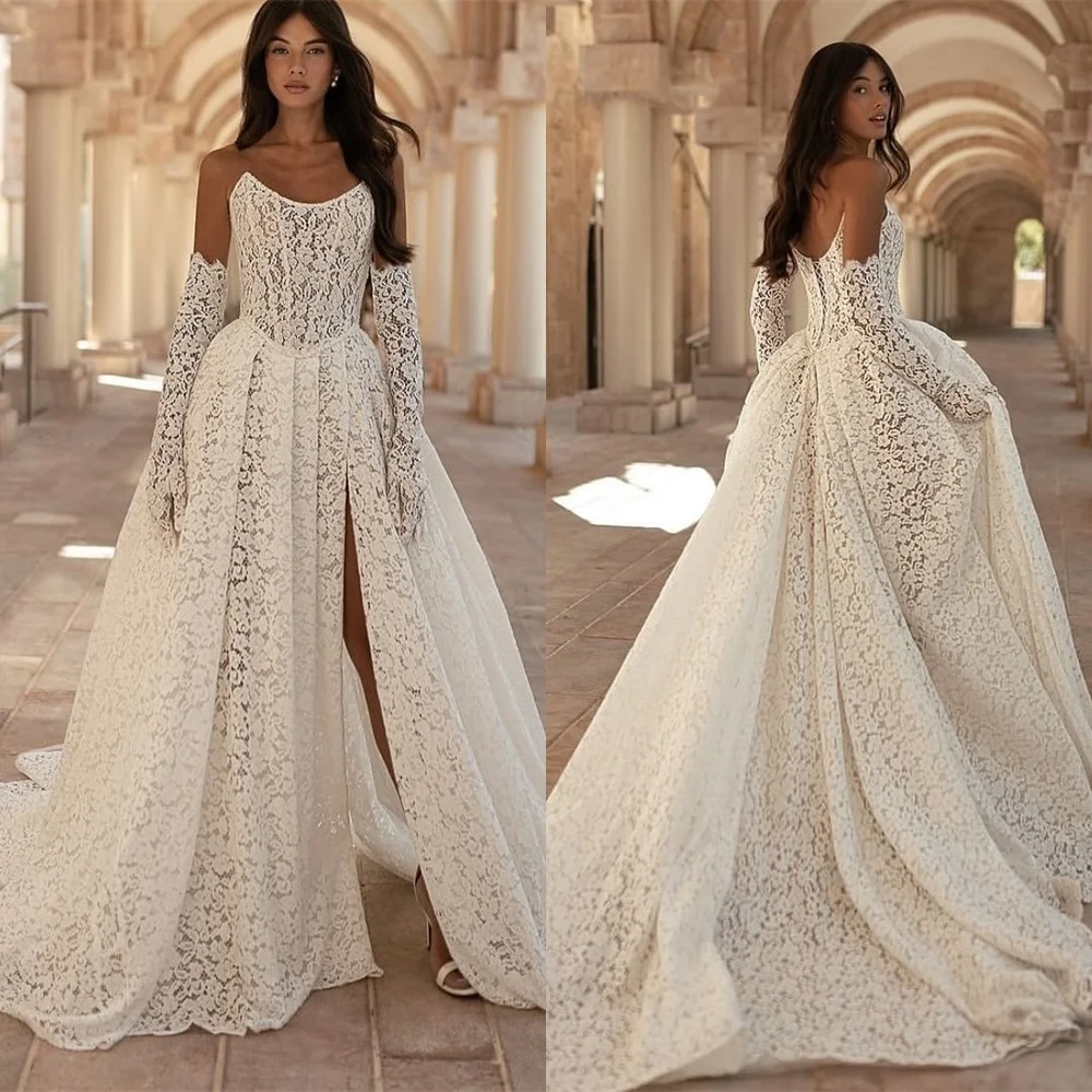 

Customized Sexy White Lace Wedding Dresses Simple Strapless Detachable Sleeve Long Sleeves Bridal Gowns Lace Up Back Dress