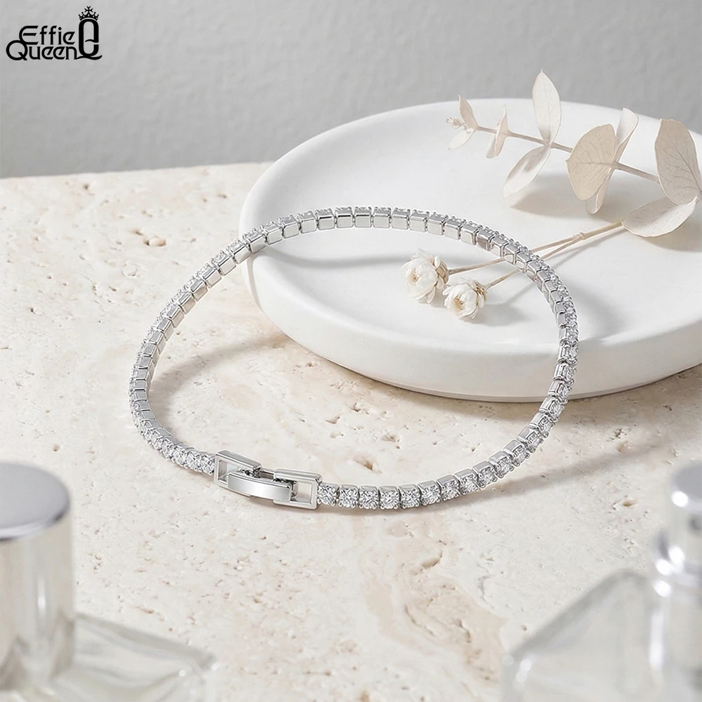 EFFIE QUEEN S925 Silver 2mm/3mm/4mm Tennis Bracelets Shiny White Cubic Zircon Exquisite for Women Men Jewelry Fashion Gift SB91