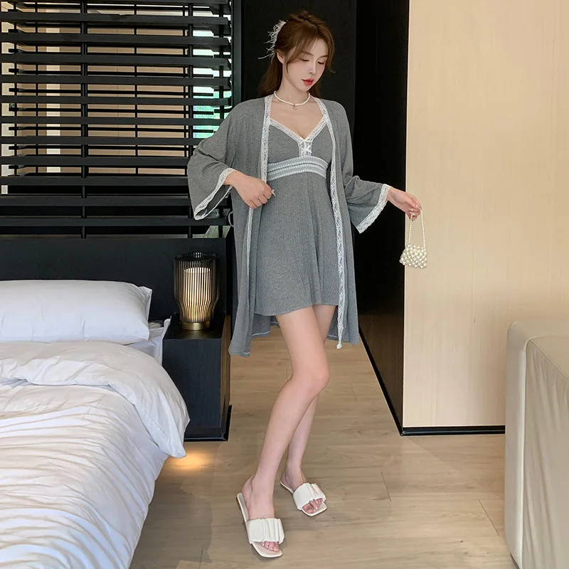 Modal Bathrobe Gown Suit Summer Kimono Sleepwear Home Clothes 2PCS Robe Set Nightgown Women Nightdress Loungewear