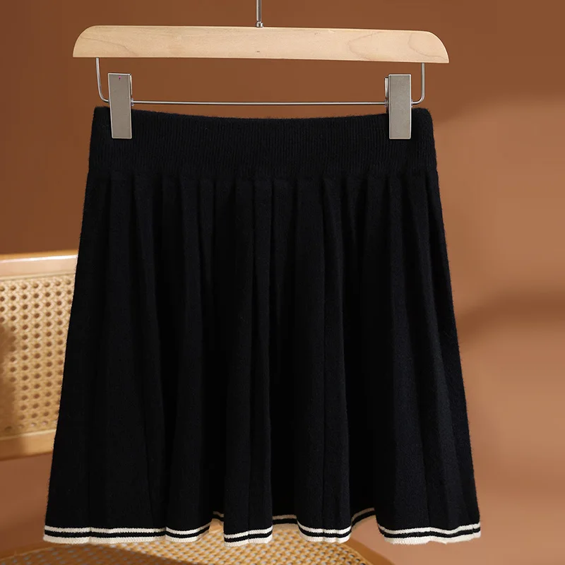 

MEELEX Autumn Winter Knitted Woman 100% Merino Wool Pleated Skirt Casual High Waist Color Block Female Striped Short Mini Skirt