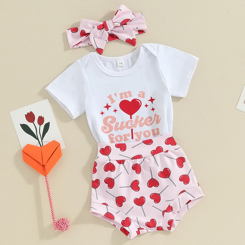 Baby Girl Valentine s Day 3-Piece Set Heart Print Romper Lollipop Shorts and Bow Headband - Adorable Outfit for Infants