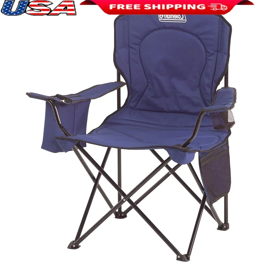 

Collapsible Quad Camping Chair with Built-in Cooler Cushioned Backrest Cup Holder Side Pockets Easy Carry Bag Outdoor Activities
