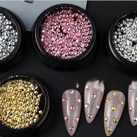 1Box Four Color Mini Heart-shaped Rhinestone Nail Jewelry Flatback Nail Charms Nail Art Accessory Gold Silver Manicure Bead