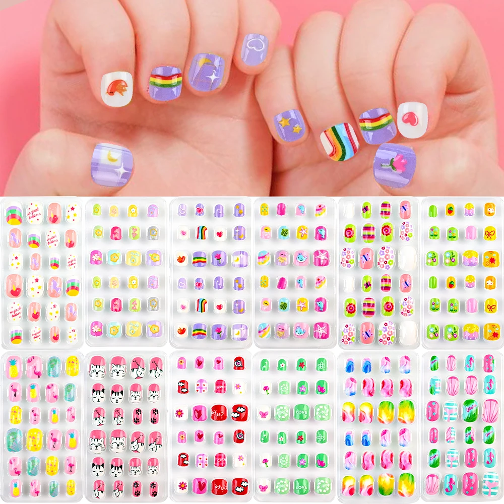 24 stks/doos 5D Reliëf Kids Leuke Cartoon Druk op Nagels Kawaii Konijn Kat Bloem Kunstnagels Kinderen Meisjes Volledige dekking Nepnagels