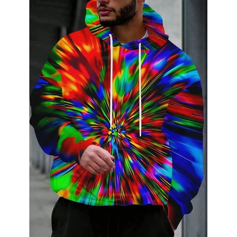 3D Print Hoodie Men Rainbow Tie Dye Swirl Colorful Abstract All Over Print Drawstring Casual Hooded Sweat Top