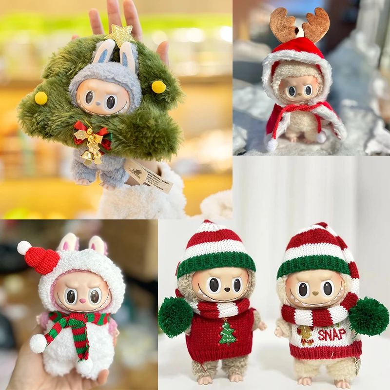 Christmas Clothes 17cm Labubu Doll Christmas Clothes Suit Fashion Style Blind Box Macaroon Labubu Pendant Sweater Hat In Stock