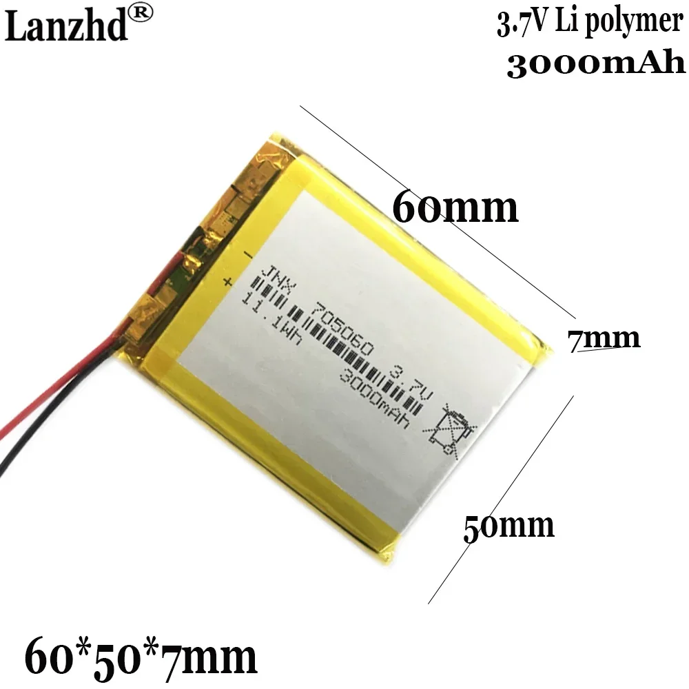 

1-20pcs 3.7V Li polymer lithium battery For solar light car air purifier 3000mAh rechargeable battery 705060