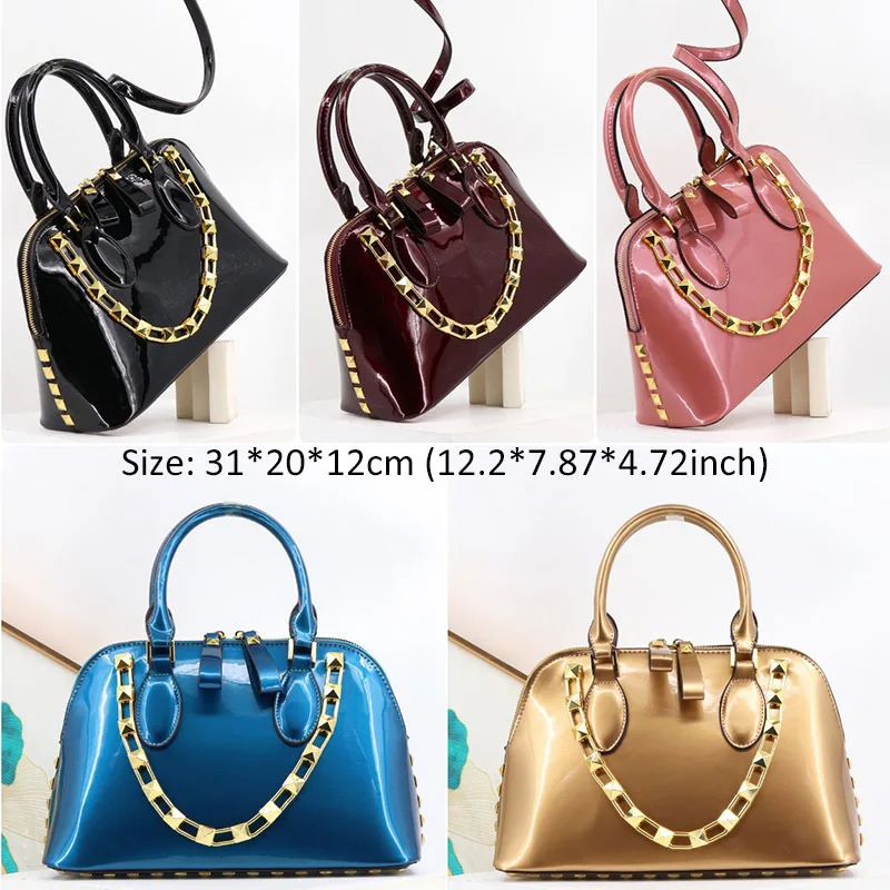 VM FASHION KISS 2024 Top Hand Bags Rivet Patent Leather Women's Handbag Chain Shoulder Bag Crossbody Luxury Design Shell Bag