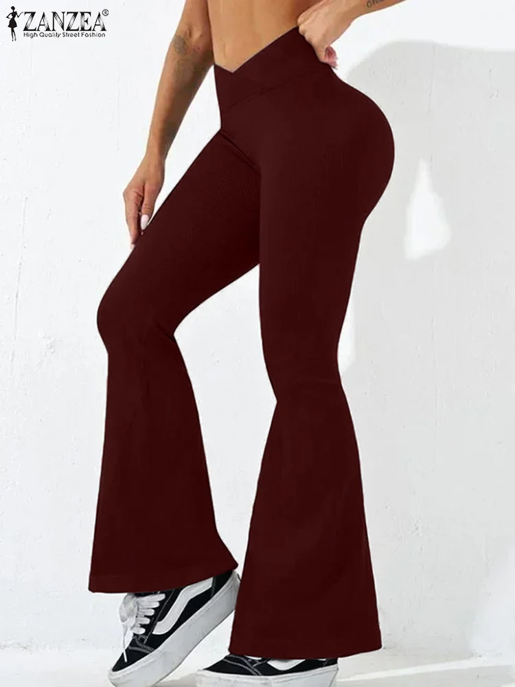 ZANZEA Women Solid Slim Fitting Pants Fashion Long Flare Trousers 2024 Autumn Elegant Tight Pants Holiday Yoga Sports Leggings