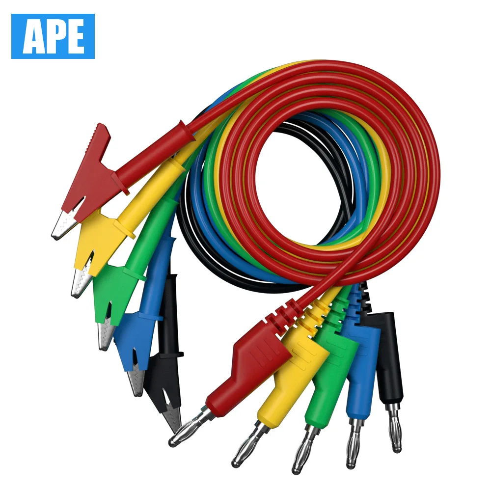 5pcs 4mm Banana Plug to Alligator Clip Test Probe Lead Wire Cable Test Leads Kits 1m long 5 colors