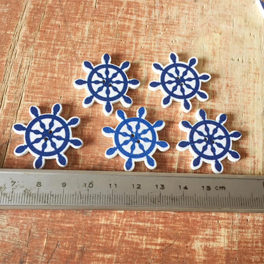 50Pcs Nautical Buttons Wooden Clothes Buttons Sailboat Lighthouse Life Buoy Rudder Design DIY Sewing Knitting Scrapbook Crafts