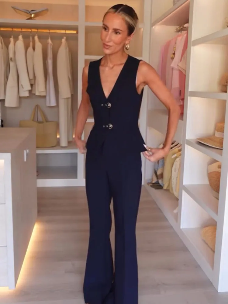 

HH Summer Women Chic Solid Satin Texture 2-Piece Set V-Neck Sleeveless Buckle Decoration Top Vest+High Waist Bell-bottoms