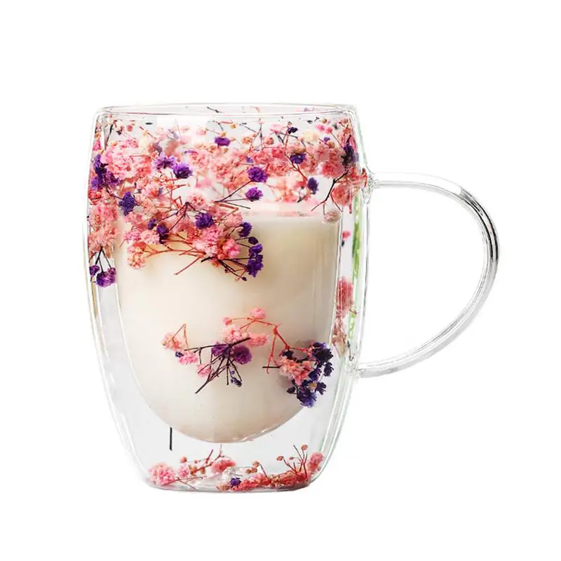 2024 Fillings Dry Flowers Double Wall Glass Cup With Handle Coffee Cups Espresso Milk Mug Dropshipping