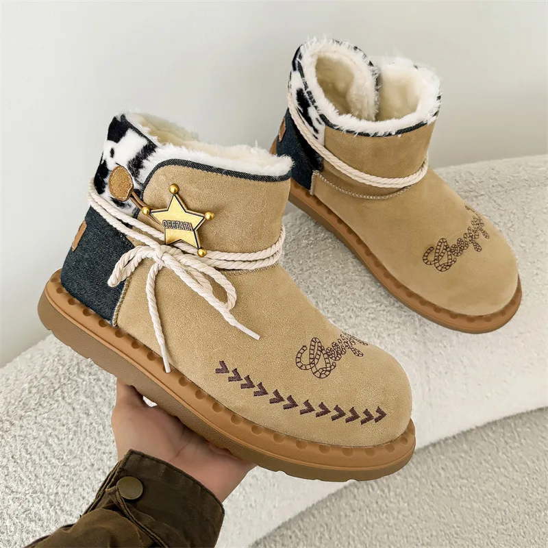 

Warm Shearling Lined Winter Boots, Chestnut Platform Snow Boots for Men & Women, Non-Slip Mid-Calf Boots with Chunky Sole