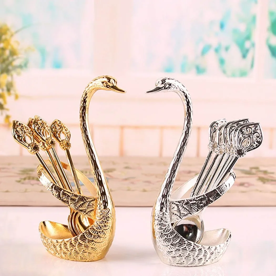 

Ice Cream Cake Coffee Tea Stirring Spoons Dessert Swan Holder Cutlery Spoons Set Cutlery Kitchen Tableware 1 Set of 7 Pieces