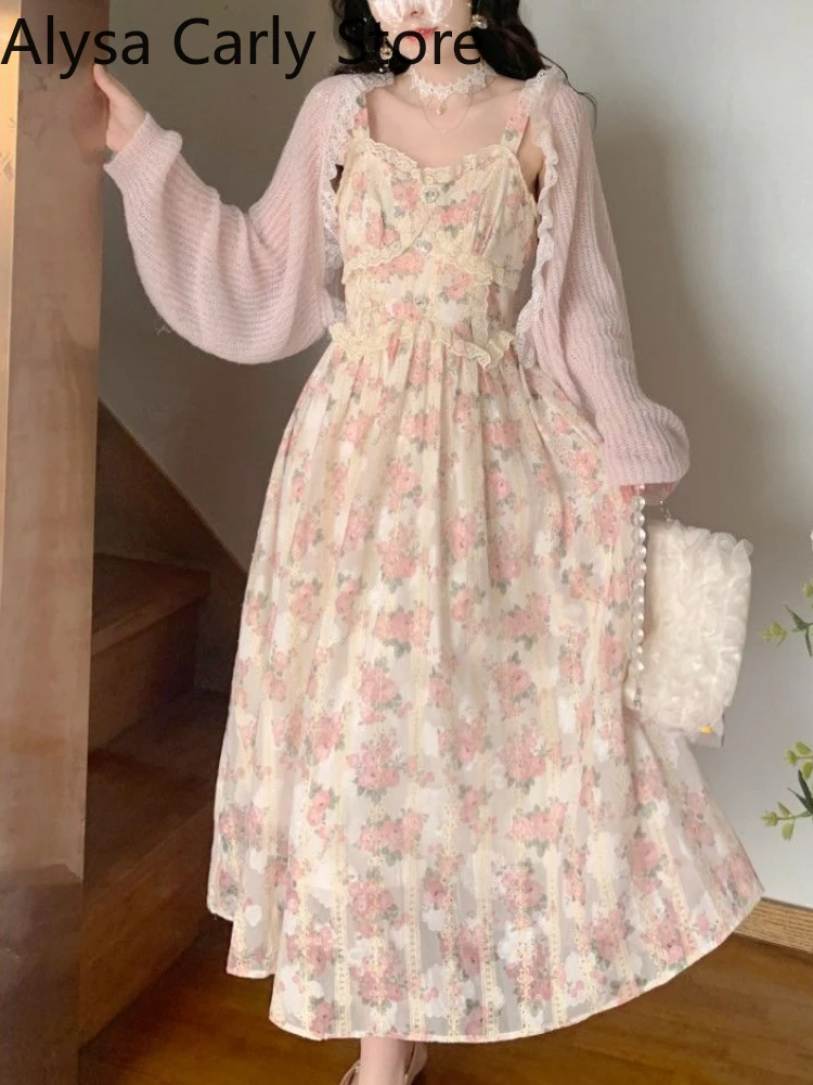 Chiffon Lace Strap Dress Women Floral Embroidery Fairy Vintage Long Dress Female Sweet Princess Casual Party Dresses 2022 Summer