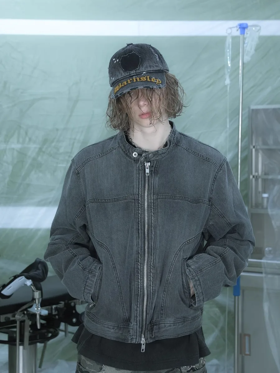 

New Autumn Motorcycle Denim Jacket Mens Short Hip-hop Washed Shoulder Pads Male Cowboy Coats Stand Collar Trend Street Outwear