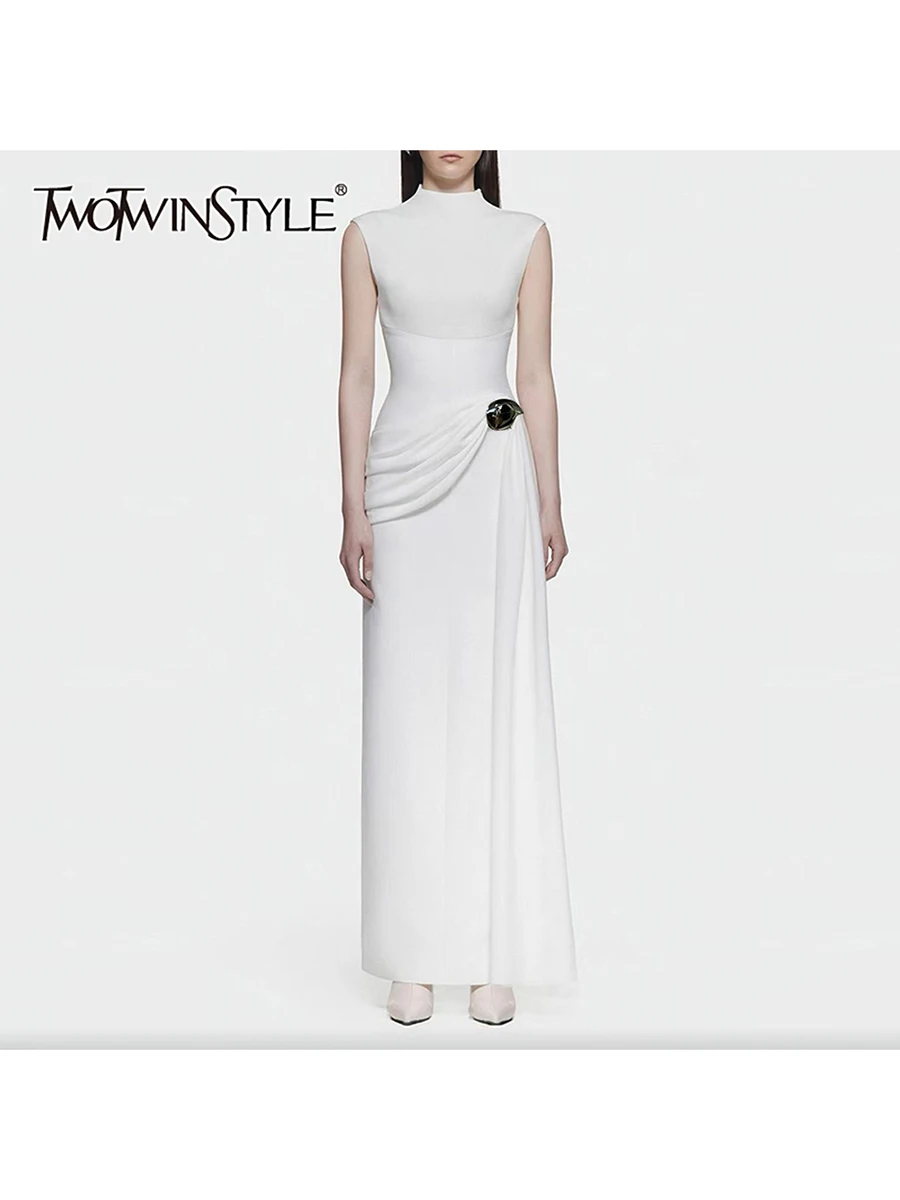 

TWOTWINSTYLE минималистичные тонкие длинные платья для женщин с воротником-стойкой без рукавов и высокой талией, элегантное металлическое платье, женская мода
