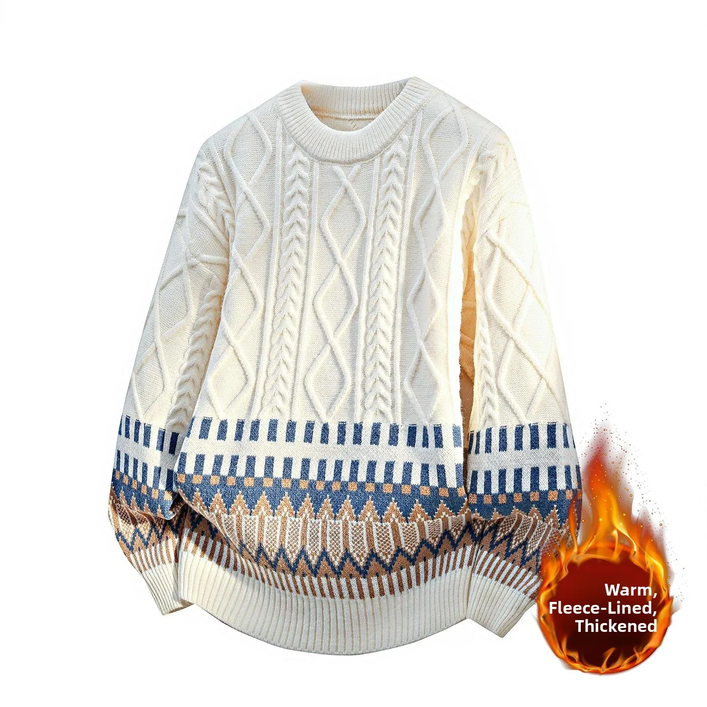 

Мужской утепленный свитер на флисовой подкладке, свободный, комфортный, премиум-класса, с цветочным узором, вязаный, теплый, для ношения зимой