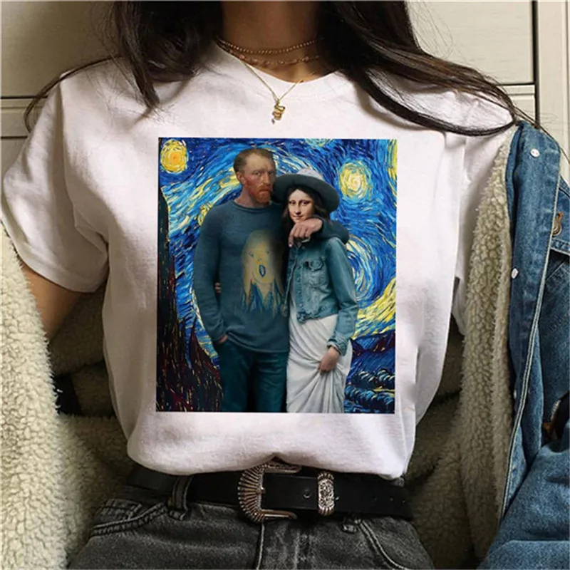 Classic Mona Lisa Print Harajuku T Shirt Women Grunge Funny White Tshirt Summer Vintage 90s Tshirt New Fashion Top Tee Female