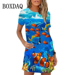 Underwater World Landscape Fish Pattern Print Dress For Women New 2024 Summer Dress Woman Fashion Short Sleeve Casual Mini Dress