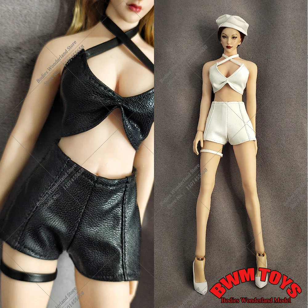 

3 Pcs/set 1/6 Cross Hanging Neck Sleeveless Backless Leather Top High Waisted Shorts Leg Loops Set for 12'' Female Action Figure