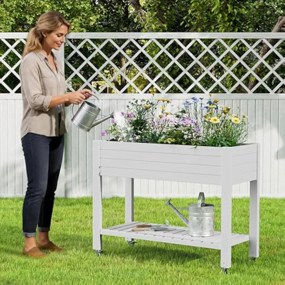 Elevated Resin Planter with 360° Lockable Caster, 42.4 X 16.8 X 33.7 inch Ergonomic Raised Bed, Weather-Resistant Non-Toxic Con
