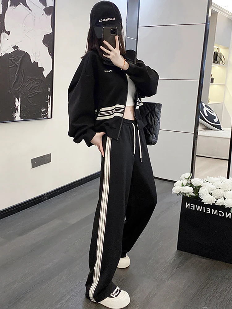 Autumn Winter Fashion Striped Jacket Pants Two Piece Set For Women Korean Zipper Coat New Casual Trousers Suit Female Tracksuit