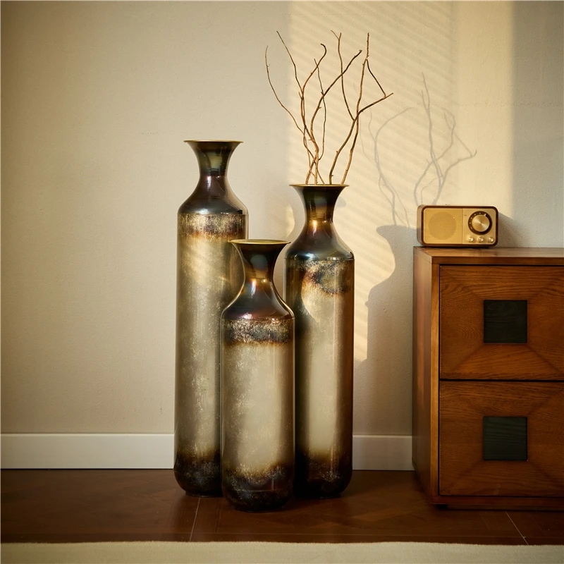 Hand-Forged Metal Vases Set of 3, Burnt Finish Rustic Floor Vases for Home Decor, 28.34 24.4 20.4 Inch Tall Flower Vases for