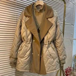 Winter Long Parkas Women Down Cotton Jacket Large Lapel Elastic Waist Snow Outwear Fashion Warm Waterproof Patchwork Coat Q17